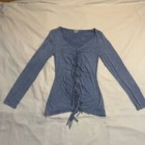 Women's Boutique Top Long Sleeve Blue Fringe V Neck Size Small